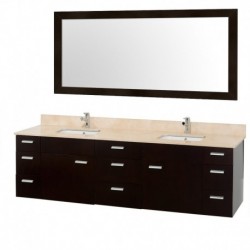 78 inch Double Bathroom Vanity in Espresso, Ivory Marble Countertop, White Porcelain Undermount Square Sink, and 70 inch Mirror