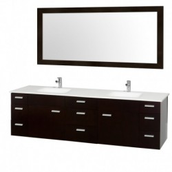 78 inch Double Bathroom Vanity in Espresso, White Man-Made Stone Countertop, White Integral Square Sink, and 70 inch Mirror