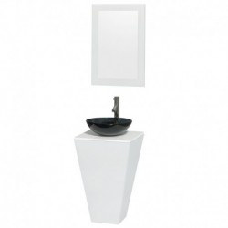 20 inch Pedestal Bathroom Vanity in Glossy White, White Man-Made Stone Countertop, Smoke Glass Sink, and 20 inch Mirror