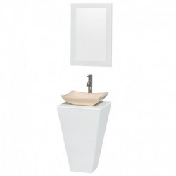 20 inch Pedestal Bathroom Vanity in Glossy White, White Man-Made Stone Countertop, Avalon Ivory Marble Sink, and 20 inch Mirror