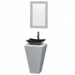 20 inch Pedestal Bathroom Vanity in Gray, White Man-Made Stone Countertop, Arista Black Granite Sink, and 20 inch Mirror