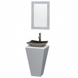 20 inch Pedestal Bathroom Vanity in Gray, White Man-Made Stone Countertop, Altair Black Granite Sink, and 20 inch Mirror