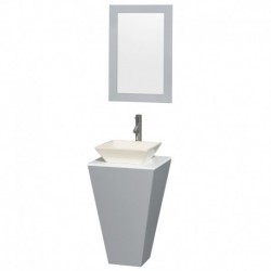 20 inch Pedestal Bathroom Vanity in Gray, White Man-Made Stone Countertop, Pyra Bone Porcelain Sink, and 20 inch Mirror