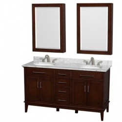 60 inch Double Bathroom Vanity in Dark Chestnut, White Carrera Marble Countertop, Undermount Round Sinks, 24 inch Medicine Cabi