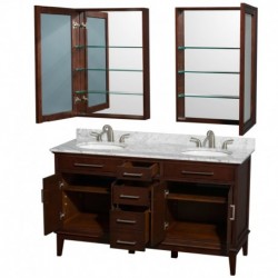 60 inch Double Bathroom Vanity in Dark Chestnut, White Carrera Marble Countertop, Undermount Round Sinks, 24 inch Medicine Cabi