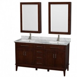 60 inch Double Bathroom Vanity in Dark Chestnut, White Carrera Marble Countertop, Undermount Square Sinks, 24 inch Medicine Cab