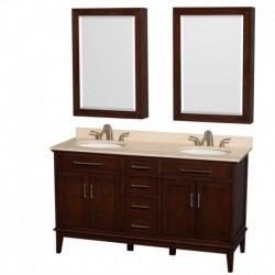 60 inch Double Bathroom Vanity in Dark Chestnut, Ivory Marble Countertop, Undermount Round Sinks, 24 inch Medicine Cabinets