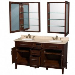 60 inch Double Bathroom Vanity in Dark Chestnut, Ivory Marble Countertop, Undermount Round Sinks, 24 inch Medicine Cabinets