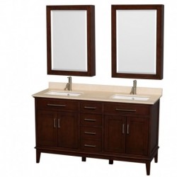 60 inch Double Bathroom Vanity in Dark Chestnut, Ivory Marble Countertop, Undermount Square Sinks, 24 inch Medicine Cabinets