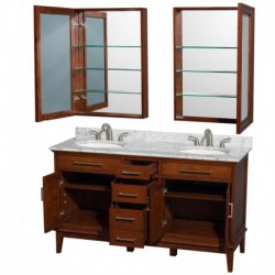 60 inch Double Bathroom Vanity in Light Chestnut, White Carrera Marble Countertop, Undermount Round Sinks, 24 inch Medicine Cab