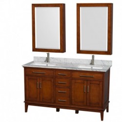 60 inch Double Bathroom Vanity in Light Chestnut, White Carrera Marble Countertop, Undermount Square Sinks, 24 inch Medicine Ca