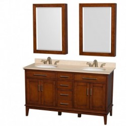 60 inch Double Bathroom Vanity in Light Chestnut, Ivory Marble Countertop, Undermount Round Sinks, 24 inch Medicine Cabinets