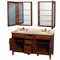 60 inch Double Bathroom Vanity in Light Chestnut, Ivory Marble Countertop, Undermount Round Sinks, 24 inch Medicine Cabinets
