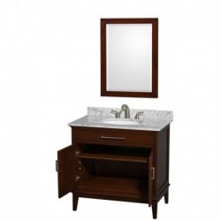 36 inch Single Bathroom Vanity in Dark Chestnut, White Carrera Marble Countertop, Undermount Oval Sink, and 24 inch Mirror