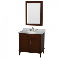 36 inch Single Bathroom Vanity in Dark Chestnut, White Carrera Marble Countertop, Undermount Oval Sink, and Medicine Cabinet