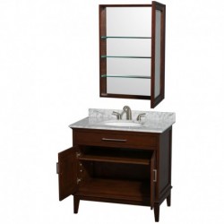 36 inch Single Bathroom Vanity in Dark Chestnut, White Carrera Marble Countertop, Undermount Oval Sink, and Medicine Cabinet