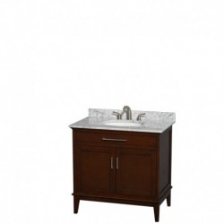 36 inch Single Bathroom Vanity in Dark Chestnut, White Carrera Marble Countertop, Undermount Oval Sink, and No Mirror
