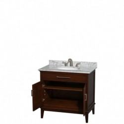 36 inch Single Bathroom Vanity in Dark Chestnut, White Carrera Marble Countertop, Undermount Oval Sink, and No Mirror