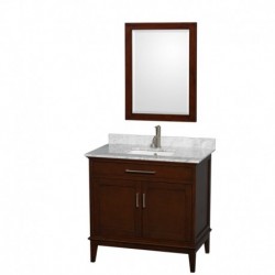 36 inch Single Bathroom Vanity in Dark Chestnut, White Carrera Marble Countertop, Undermount Square Sink, and 24 inch Mirror