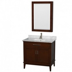 36 inch Single Bathroom Vanity in Dark Chestnut, White Carrera Marble Countertop, Undermount Square Sink, and Medicine Cabinet