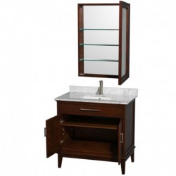 36 inch Single Bathroom Vanity in Dark Chestnut, White Carrera Marble Countertop, Undermount Square Sink, and Medicine Cabinet