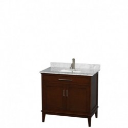 36 inch Single Bathroom Vanity in Dark Chestnut, White Carrera Marble Countertop, Undermount Square Sink, and No Mirror