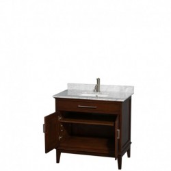 36 inch Single Bathroom Vanity in Dark Chestnut, White Carrera Marble Countertop, Undermount Square Sink, and No Mirror