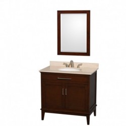 36 inch Single Bathroom Vanity in Dark Chestnut, Ivory Marble Countertop, Undermount Oval Sink, and 24 inch Mirror