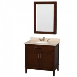 36 inch Single Bathroom Vanity in Dark Chestnut, Ivory Marble Countertop, Undermount Oval Sink, and Medicine Cabinet