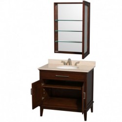 36 inch Single Bathroom Vanity in Dark Chestnut, Ivory Marble Countertop, Undermount Oval Sink, and Medicine Cabinet