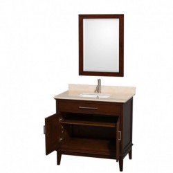 36 inch Single Bathroom Vanity in Dark Chestnut, Ivory Marble Countertop, Undermount Square Sink, and 24 inch Mirror