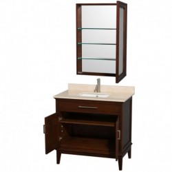 36 inch Single Bathroom Vanity in Dark Chestnut, Ivory Marble Countertop, Undermount Square Sink, and Medicine Cabinet