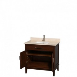 36 inch Single Bathroom Vanity in Dark Chestnut, Ivory Marble Countertop, Undermount Square Sink, and No Mirror