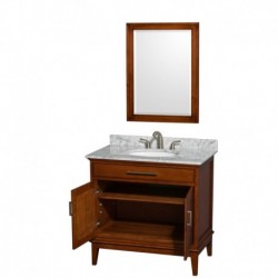 36 inch Single Bathroom Vanity in Light Chestnut, White Carrera Marble Countertop, Undermount Oval Sink, and 24 inch Mirror