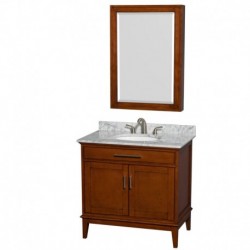 36 inch Single Bathroom Vanity in Light Chestnut, White Carrera Marble Countertop, Undermount Oval Sink, and Medicine Cabinet
