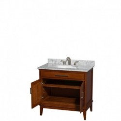36 inch Single Bathroom Vanity in Light Chestnut, White Carrera Marble Countertop, Undermount Oval Sink, and No Mirror