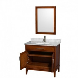36 inch Single Bathroom Vanity in Light Chestnut, White Carrera Marble Countertop, Undermount Square Sink, and 24 inch Mirror