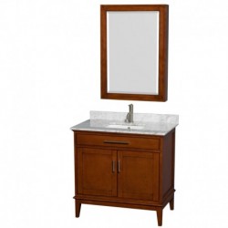 36 inch Single Bathroom Vanity in Light Chestnut, White Carrera Marble Countertop, Undermount Square Sink, and Medicine Cabinet