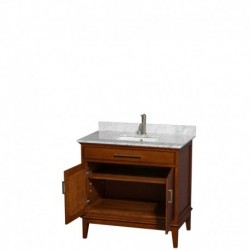 36 inch Single Bathroom Vanity in Light Chestnut, White Carrera Marble Countertop, Undermount Square Sink, and No Mirror