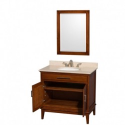 36 inch Single Bathroom Vanity in Light Chestnut, Ivory Marble Countertop, Undermount Oval Sink, and 24 inch Mirror