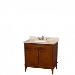 36 inch Single Bathroom Vanity in Light Chestnut, Ivory Marble Countertop, Undermount Oval Sink, and No Mirror