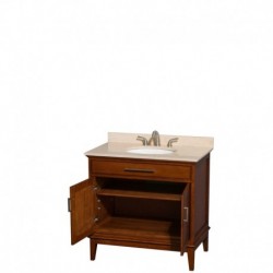 36 inch Single Bathroom Vanity in Light Chestnut, Ivory Marble Countertop, Undermount Oval Sink, and No Mirror