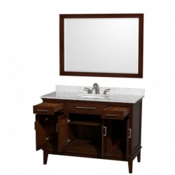 48 inch Single Bathroom Vanity in Dark Chestnut, White Carrera Marble Countertop, Undermount Oval Sink, and 44 inch Mirror