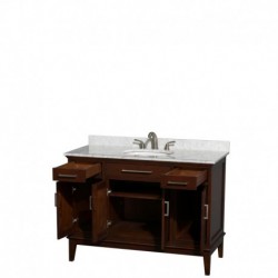 48 inch Single Bathroom Vanity in Dark Chestnut, White Carrera Marble Countertop, Undermount Oval Sink, and No Mirror