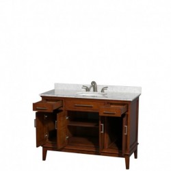 48 inch Single Bathroom Vanity in Light Chestnut, White Carrera Marble Countertop, Undermount Oval Sink, and No Mirror