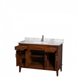 48 inch Single Bathroom Vanity in Light Chestnut, White Carrera Marble Countertop, Undermount Square Sink, and No Mirror