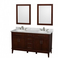 60 inch Double Bathroom Vanity in Dark Chestnut, White Carrera Marble Countertop, Undermount Oval Sinks, and 24 inch Mirrors