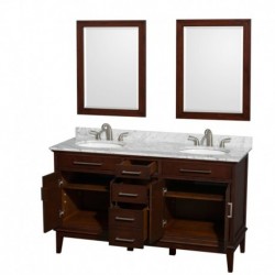 60 inch Double Bathroom Vanity in Dark Chestnut, White Carrera Marble Countertop, Undermount Oval Sinks, and 24 inch Mirrors