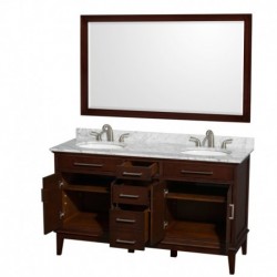 60 inch Double Bathroom Vanity in Dark Chestnut, White Carrera Marble Countertop, Undermount Oval Sinks, and 56 inch Mirror