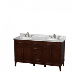 60 inch Double Bathroom Vanity in Dark Chestnut, White Carrera Marble Countertop, Undermount Oval Sinks, and No Mirror